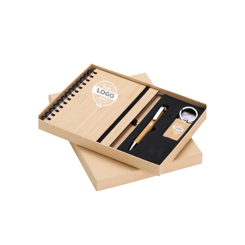Kit Ecológico Caneta, Agenda E Chaveiro Bambu