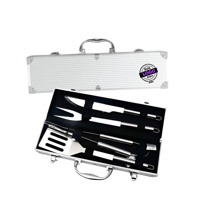 Maleta Alumínio Kit Churrasco Contem 1 Espatula, 1 Pegador, 1 Maleta, 1 Garfo, 1 Faca